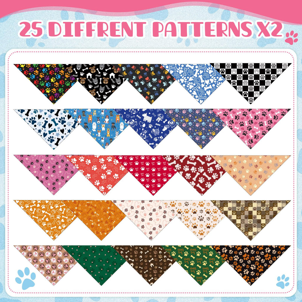 Kacctyen 50 Pcs Dog Bandanas Bulk Bandanas for Dogs Grooming with Dog Paws Pattern Adjustable Pet Triangle Scarf Bib Washable for Small Medium Large Puppy Cats Pets Costume Accessories
