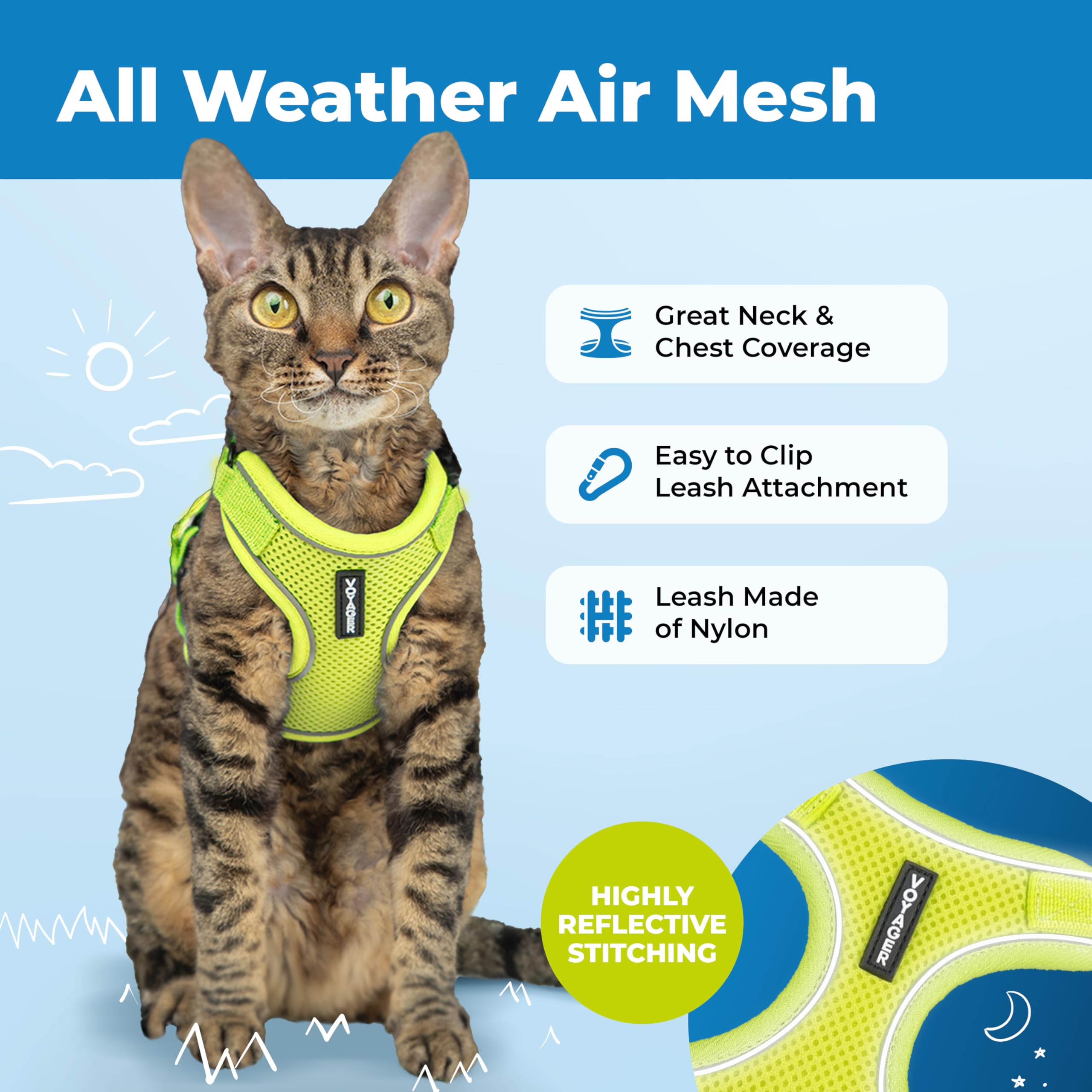 Voyager Escape-Proof Step-in Lock Cat Harness & 5ft Neoprene-Handle Leash Set All-Weather Mesh with Reflective Stitching for Small to Large Cats by Best Pet Supplies, Lime (327), S