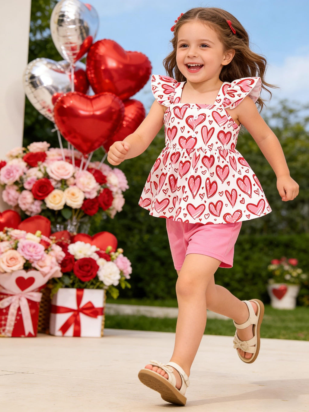 Popshion Girl's Summer 2 Piece Heart Outfits Short Sleeve Ruffle Top and Cute Print Shorts Sets Cute Clothing Set Size 5t/6849