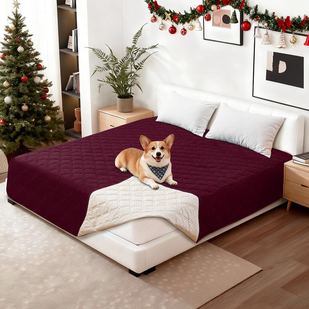 Waterproof Dog Blanket, Non-Slip Soft Pet Bed Cover, Couch Cover for Dogs Washable, Protects Sofa, Furniture, Crate, Car, Tear Resistant Leakproof Pet Blanket Christmas (52x82 Inch, Burgundy)