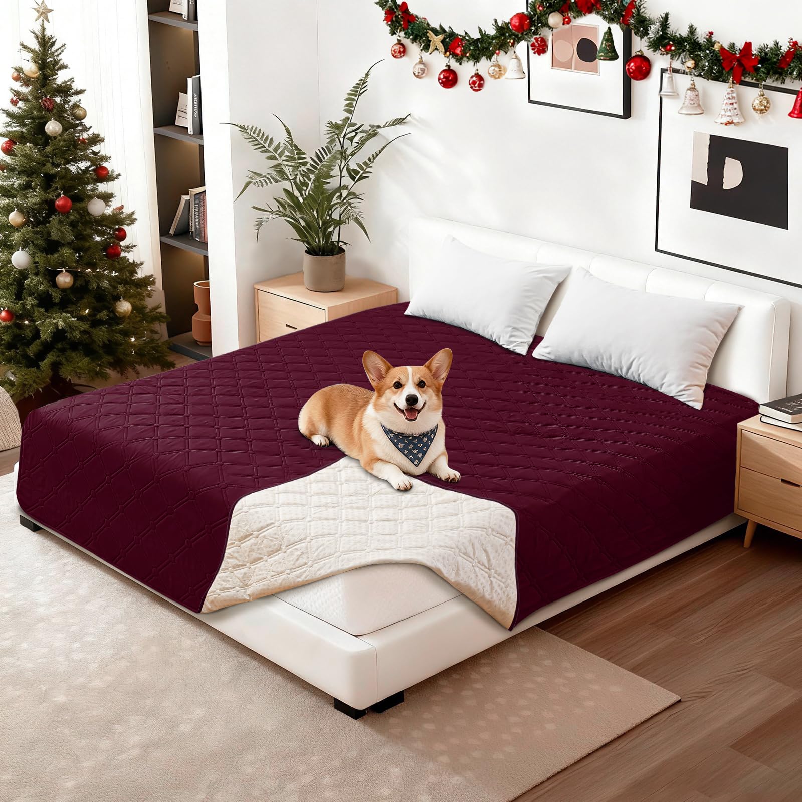 Waterproof Dog Blanket, Non-Slip Soft Pet Bed Cover, Couch Cover for Dogs Washable, Protects Sofa, Furniture, Crate, Car, Tear Resistant Leakproof Pet Blanket Christmas (52x82 Inch, Burgundy)