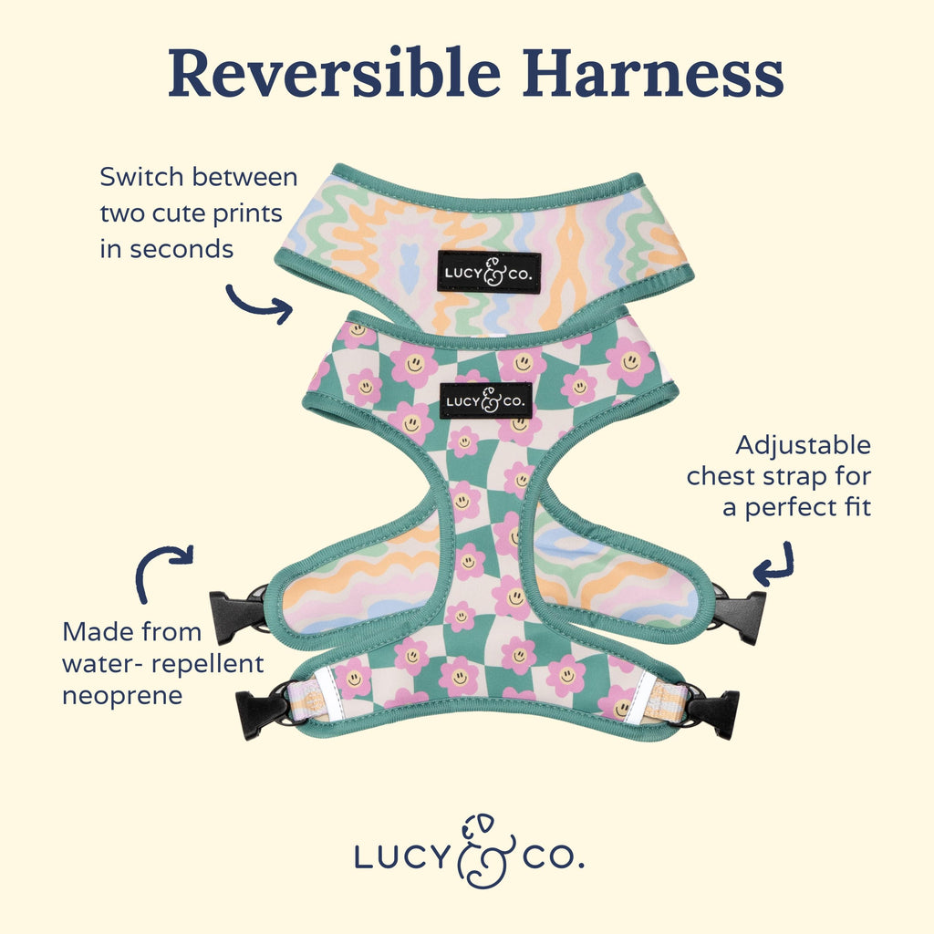 Lucy & Co. Reversible Dog Harness - Water-Repellent Neoprene, Dual-Print Design, Easy Swap Style, Adjustable Comfort Fit - Just Chill Reversible Harness - Medium