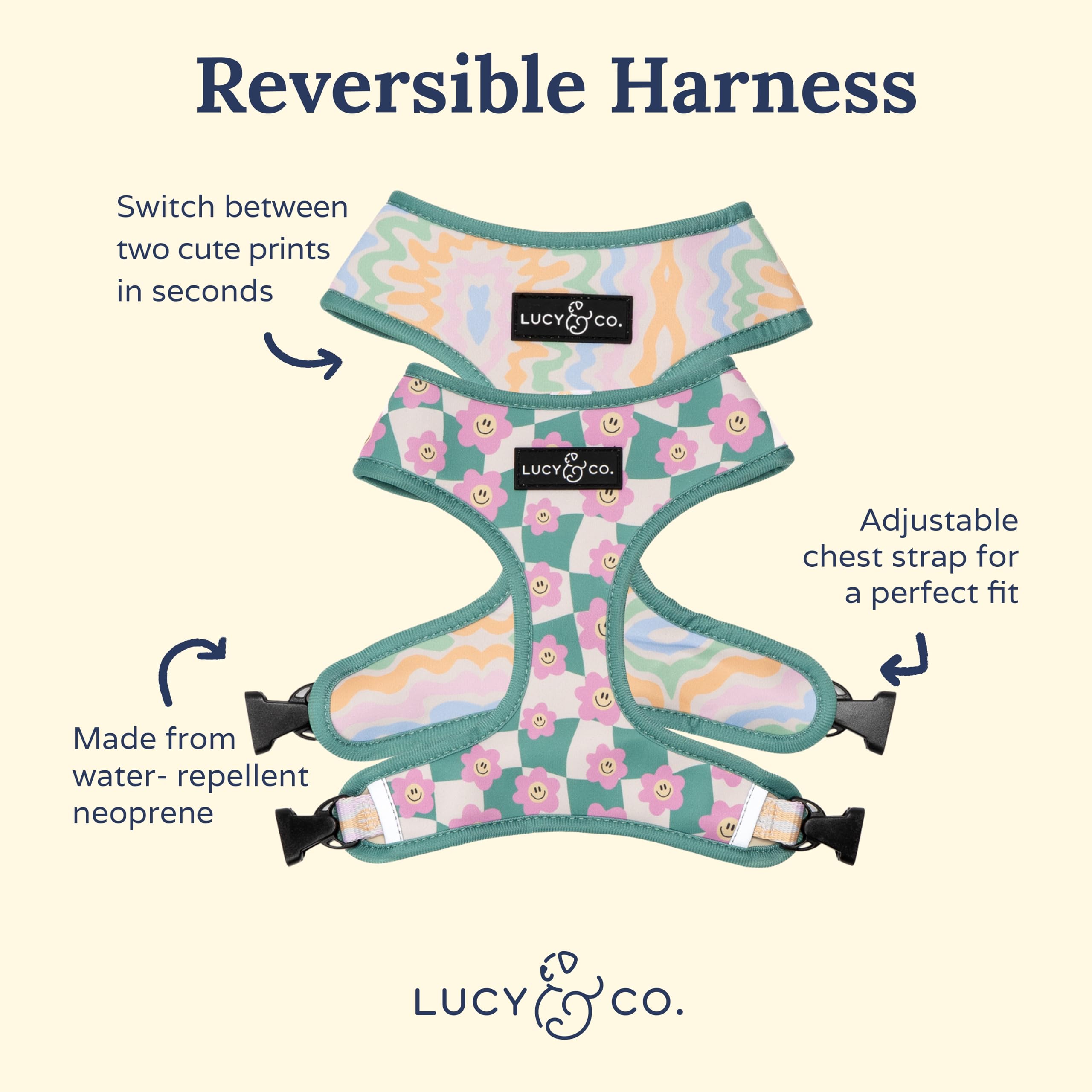 Lucy & Co. Reversible Dog Harness - Water-Repellent Neoprene, Dual-Print Design, Easy Swap Style, Adjustable Comfort Fit - Just Chill Reversible Harness - X-Large