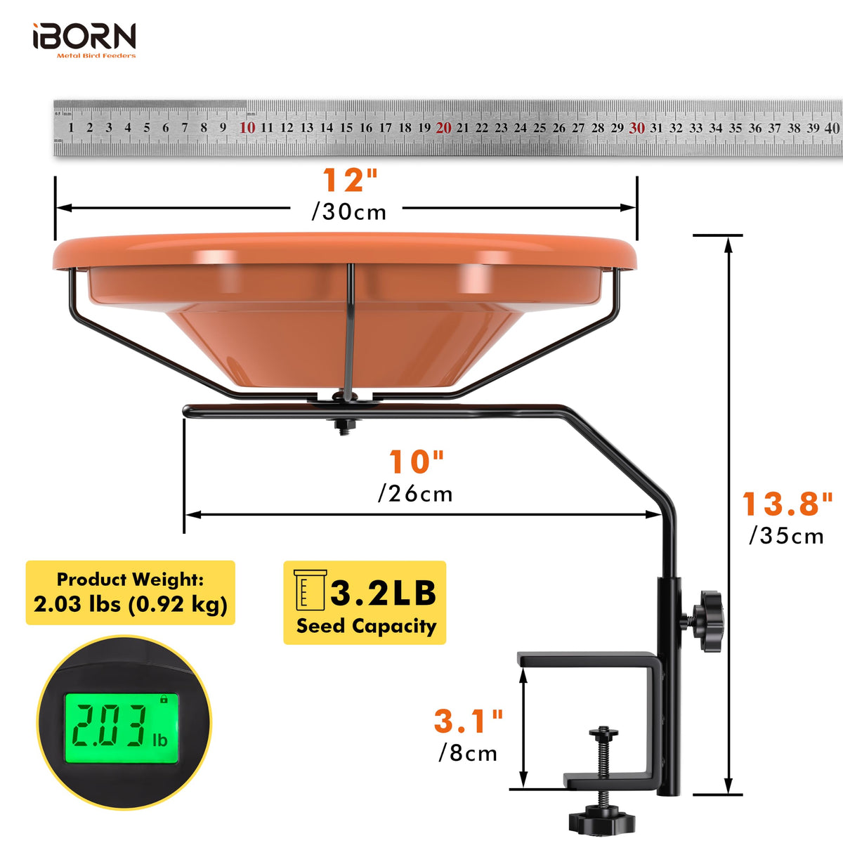iBorn Bird Bath for Outside,Deck Mounted Bird Bath 12in，Birds Baths for Outdoors with Adjustable Clamp 3.2in，BPA-Free Bowl，360°Swivel & Adjustable Height Bracket，Detachable Birds Baths, Pack of 1