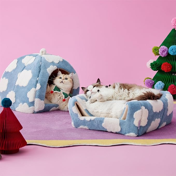 Lesure Cute Cat Beds for Indoor Cats - 2 in 1 Large Cat Cave Bed for Puppy and Small Dog with Removable Washable Cushioned Pillow, Cozy Kitten Tent with Non-Slip Bottom, Blue, 17.3 inches