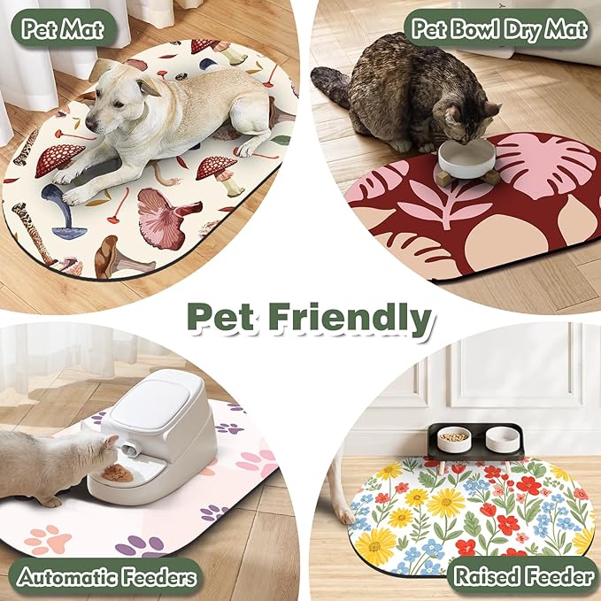Pet Feeding Mat – 20''x12'' Absorbent Dog Food Mat, Pet Water Mats Protect Floor, No Stains Quick Dry Water Bowl Mats, Non-Slip Rubber Base Pets Placemats for Food and Water, White Floral