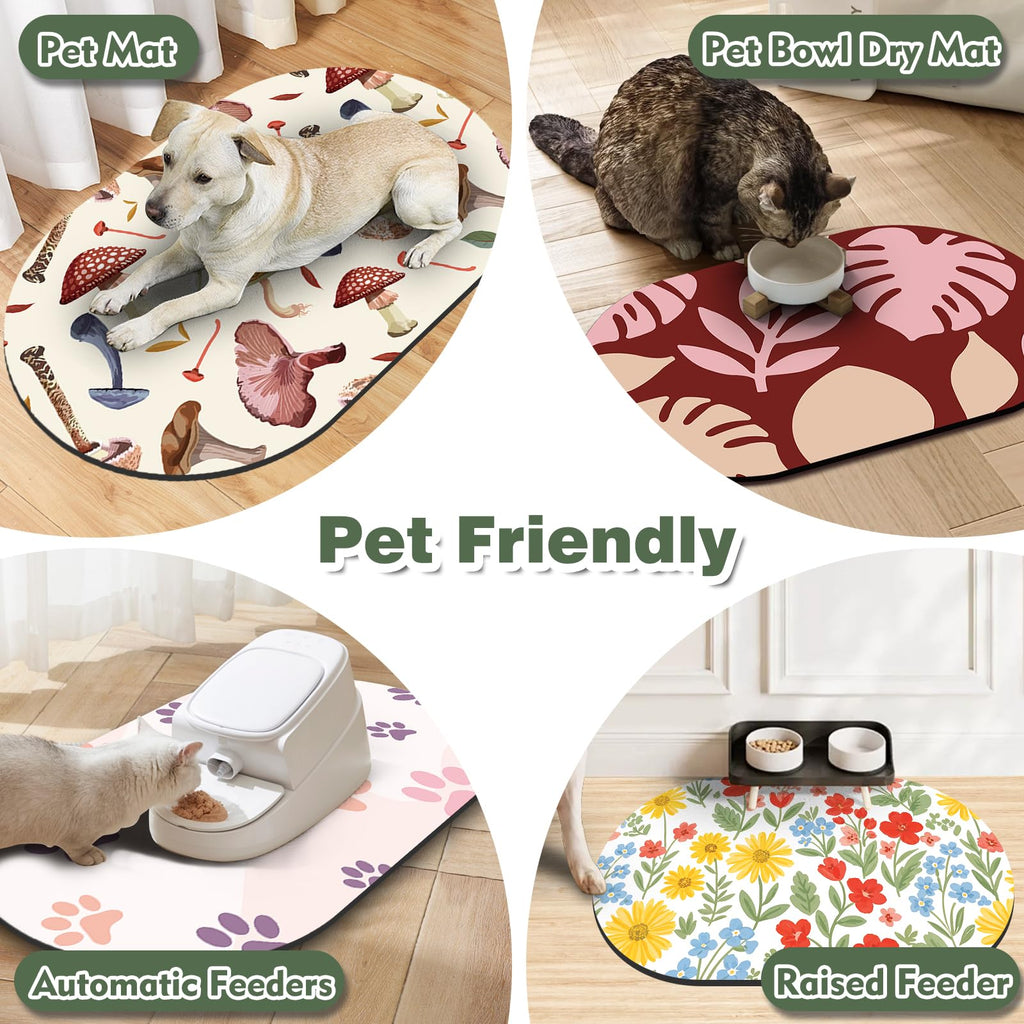 Absorbent Cat Mats for Food and Water 24''x16'', Non-Slip Rubber Mat for Cats Bowls, Easy Store Pet Food Placemat, Mats for Under Cats Food Bowls, Fit with Kitchen, Living Room, White Floral