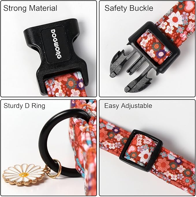 DOGWONG Red Flower Dog Collar, Cute Adjustable Floral Collar, Girl Female Dog Collar with Strong Plastic Buckle for Small Medium Large Dogs,XS