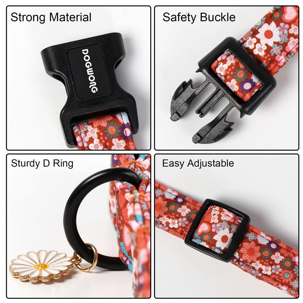 DOGWONG Red Flower Dog Collar, Cute Adjustable Floral Collar, Girl Female Dog Collar with Strong Plastic Buckle for Small Medium Large Dog.M