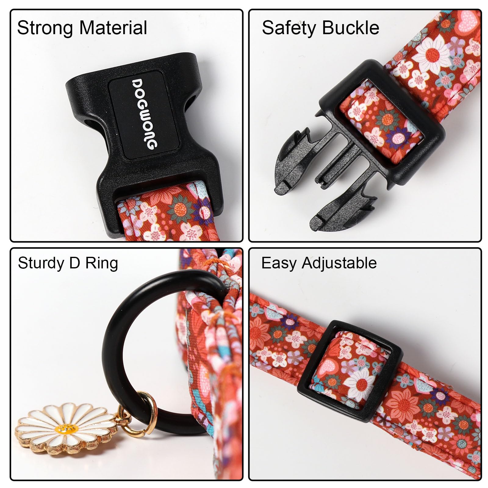 DOGWONG Red Flower Dog Collar, Cute Adjustable Floral Collar, Girl Female Dog Collar with Strong Plastic Buckle for Small Medium Large Dog.M