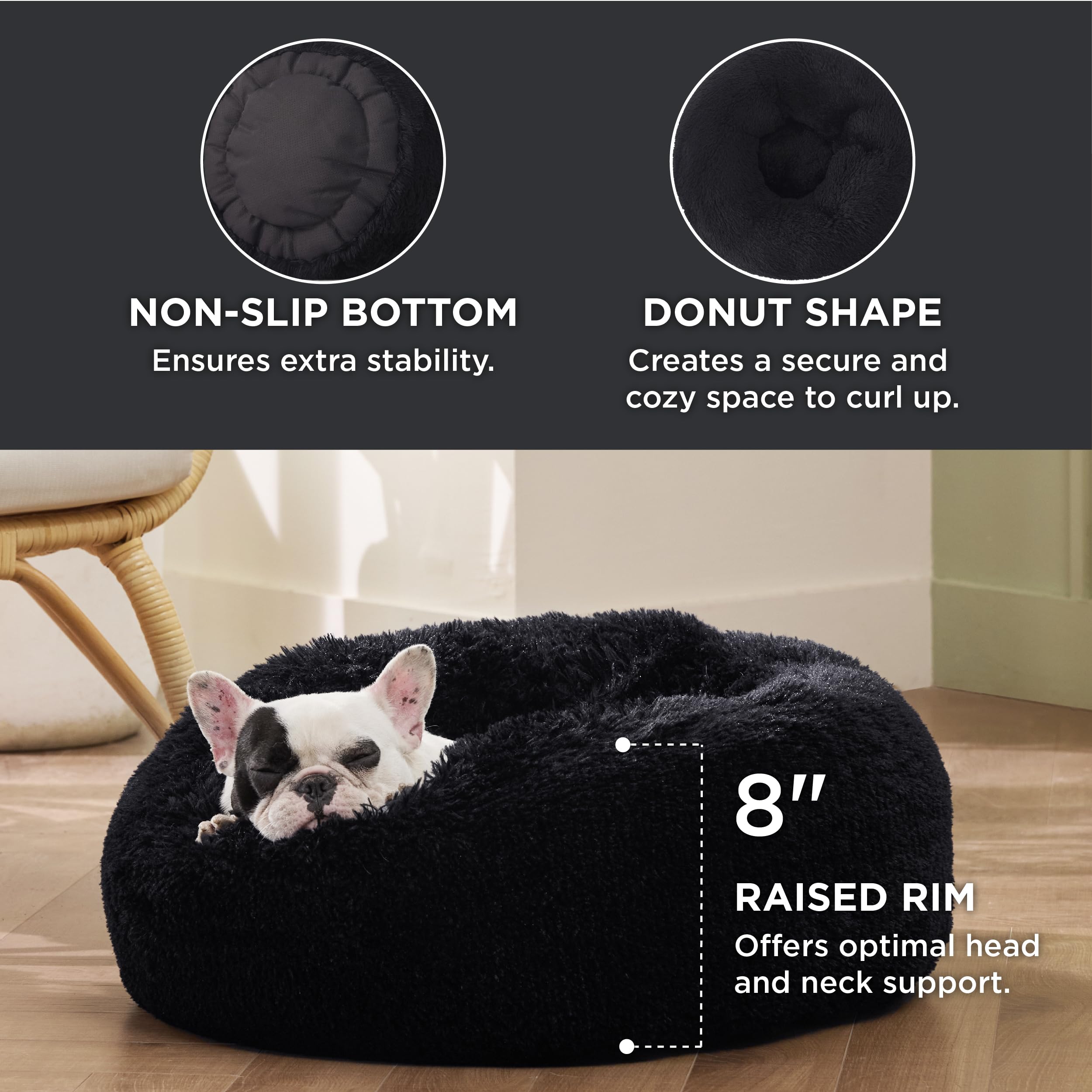 Bedsure Calming Small Medium Dog Bed Donut Washable Puppy Bed,27ins Black