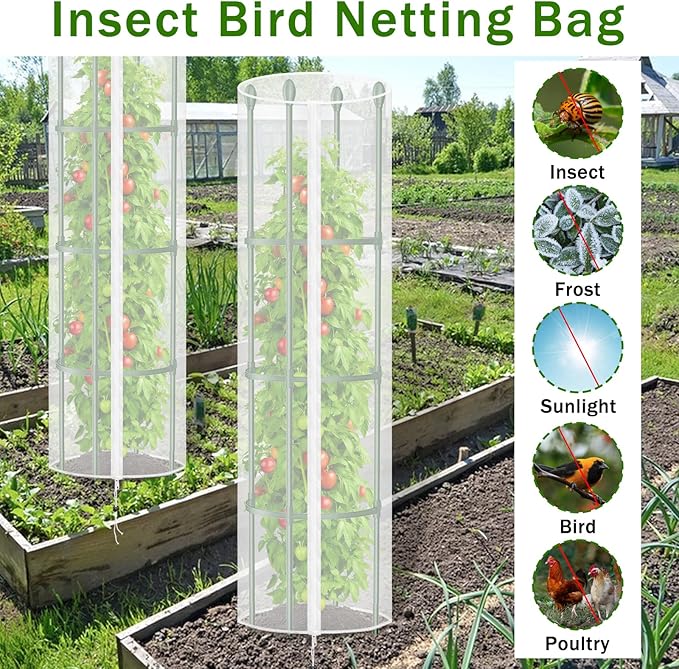 HFYZZ 3 Pcs Round Tomato Cage Bird Netting Plant Cover, 59" x 15.7" Insect Bird Barrier Tomato Cage Protection Cover with Zipper & Drawstring for Protecting Tomatoes, Fruit, Trellis Plants