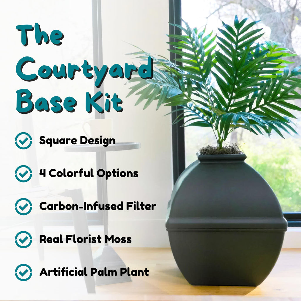 Good Pet Stuff Courtyard Hidden Litter Box Planter, Decorative Cat Litter Enclosure with Carbon Filter, Artificial Palm Plant, Square Design, Easy to Clean, Base Kit, Black Suede