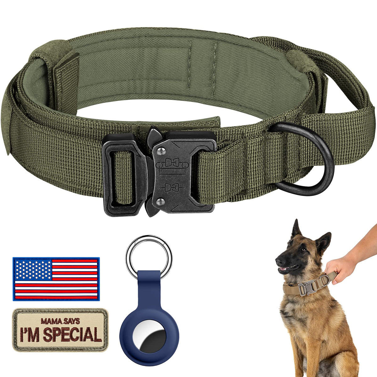 DAGANXI Tactical Dog Collar, Adjustable Military Training Nylon Dog Collar with Control Handle and Heavy Metal Buckle for Medium and Large Dogs, with Patches and Airtags Case (L, Pink)