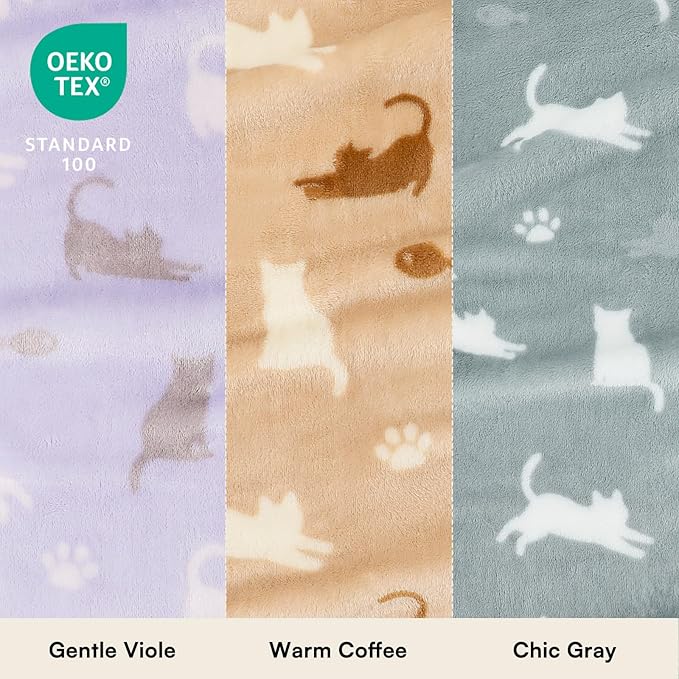 Luciphia 1 Pack 3 Dog Printed Fleece Pet Blankets Washable，Soft Warm Throw Covers for Crate Couch Bed，Cozy Puppy Essentials for Dogs and Cats，Purple/Grey/Khaki, Large (41x31 inch)