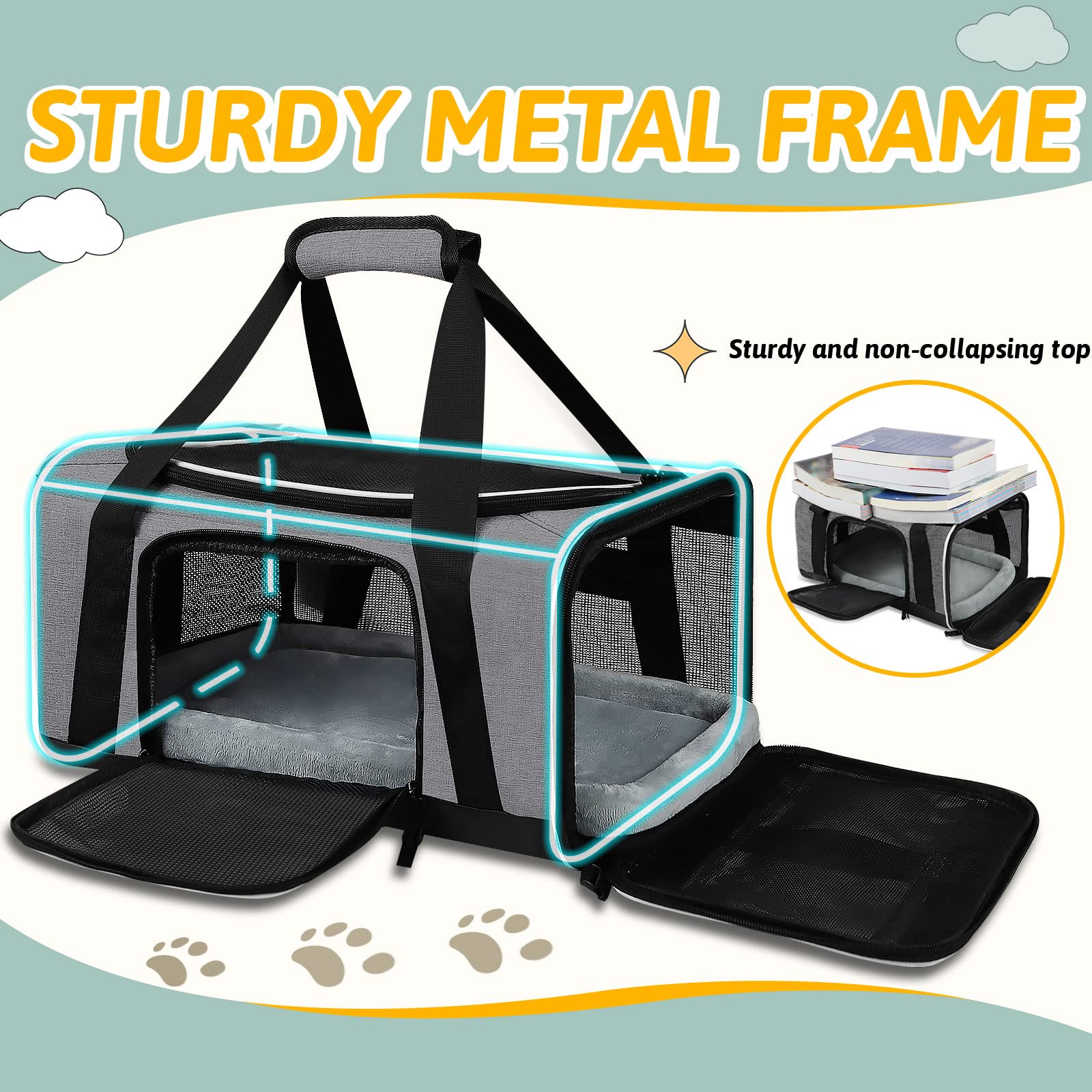 Petskd Small Pet Carrier 17" L x 11" W x 9.5" H Airline Approved, Grey