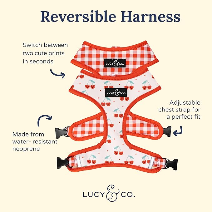 Lucy & Co. Reversible Dog Harness - Water-Repellent Neoprene, Dual-Print Design, Easy Swap Style, Adjustable Comfort Fit - Cheery Cherries Reversible Harness - X-Large