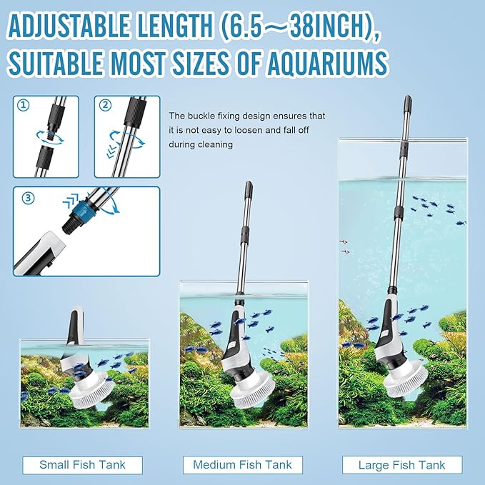 Electric Fish Tank Cleaner, Aquarium Spin Cleaning Brush, IPX8 Waterproof Aquarium Gravel Cleaner & Water Changer, Aquarium Clean Spin Scrubber & Algae Scraper Tools Kit with Adjustable Handle