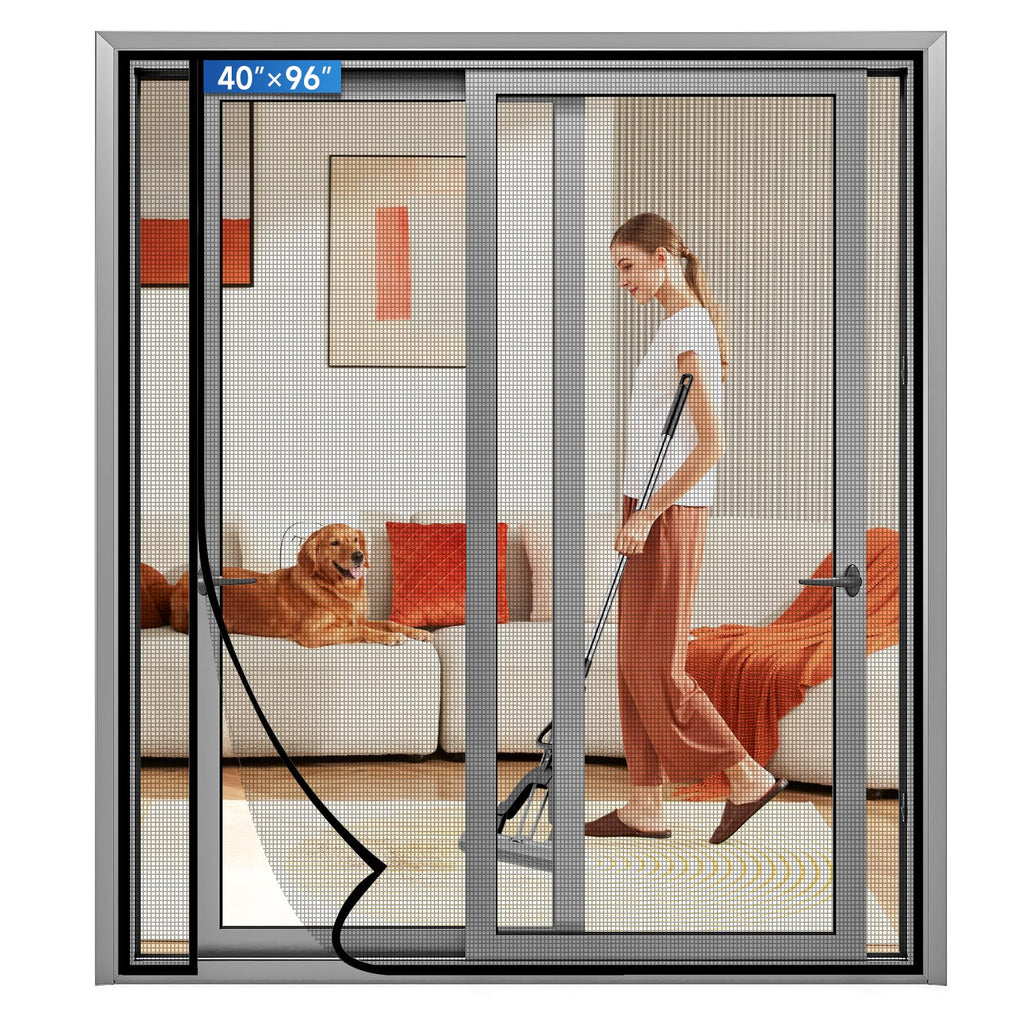 LONGEAS Magnetic Screen Door Left Right Side Opening Upgraded PET Mesh Greater Than Fiberglass and Polyester,Keep Bugs Out,Pet & Kid Friendly,Suitable for Sliding Doors,Patio French Doors-40" X 96"