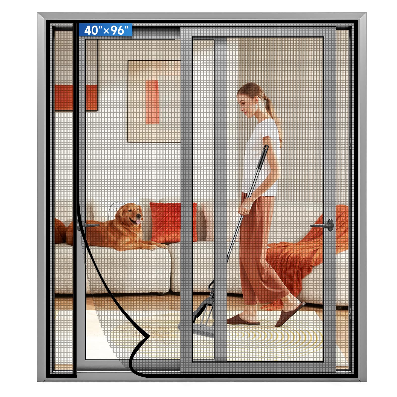 LONGEAS Magnetic Screen Door Left Right Side Opening Upgraded PET Mesh Greater Than Fiberglass and Polyester,Keep Bugs Out,Pet & Kid Friendly,Suitable for Sliding Doors,Patio French Doors-40" X 96"