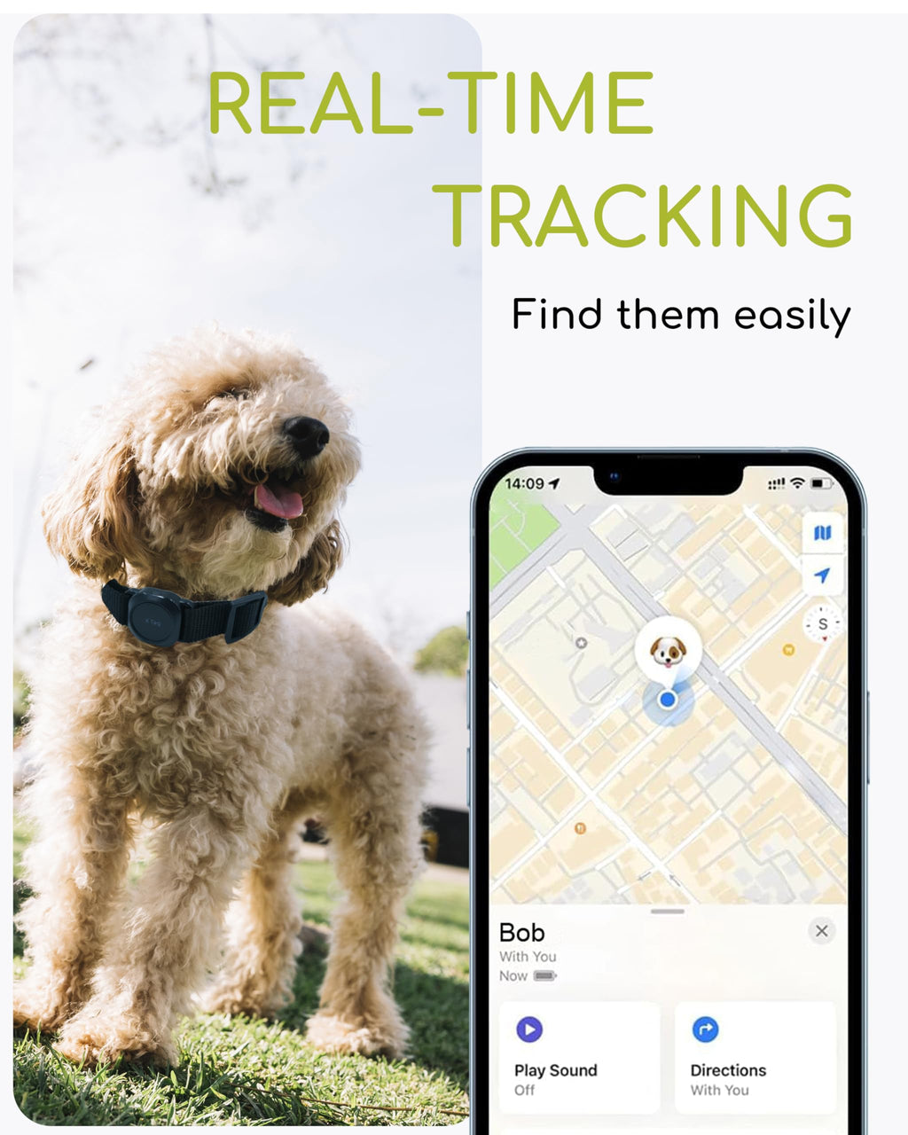 TRESBUNNY Dog Tracker, Smart Dog Collar with Real-time Pet Location, Cat Tracker Collar (iOS Only), No Monthly Fee & Long Battery Life, Works with Find My, Ideal for Dog/Cat