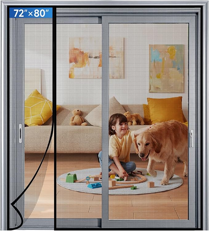 LONGEAS Magnetic Screen Door Left Right Side Opening Upgraded PET Mesh Greater Than Fiberglass and Polyester,Keep Bugs Out,Pet & Kid Friendly,Suitable for Sliding Doors,Patio French Doors-72" X 80"