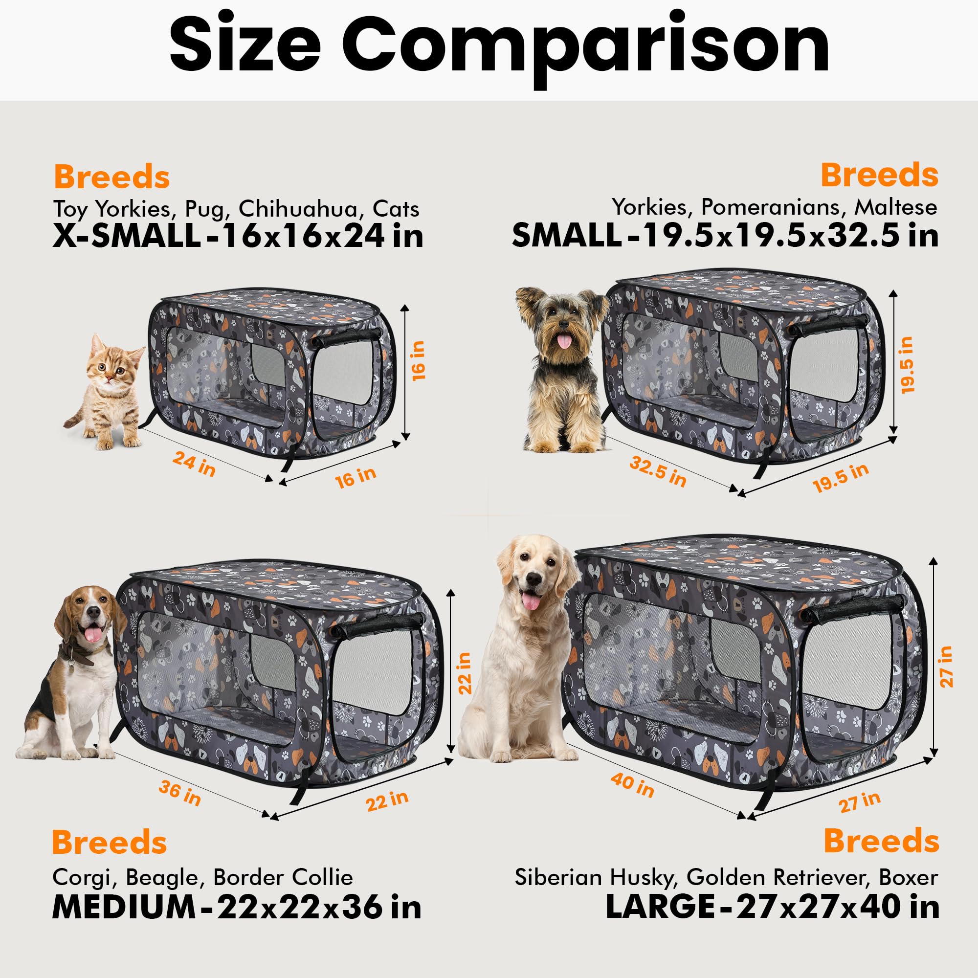 Portable Collapsible Pop Up Kennel, 36" L x 22" W x 22" H, Face of Love