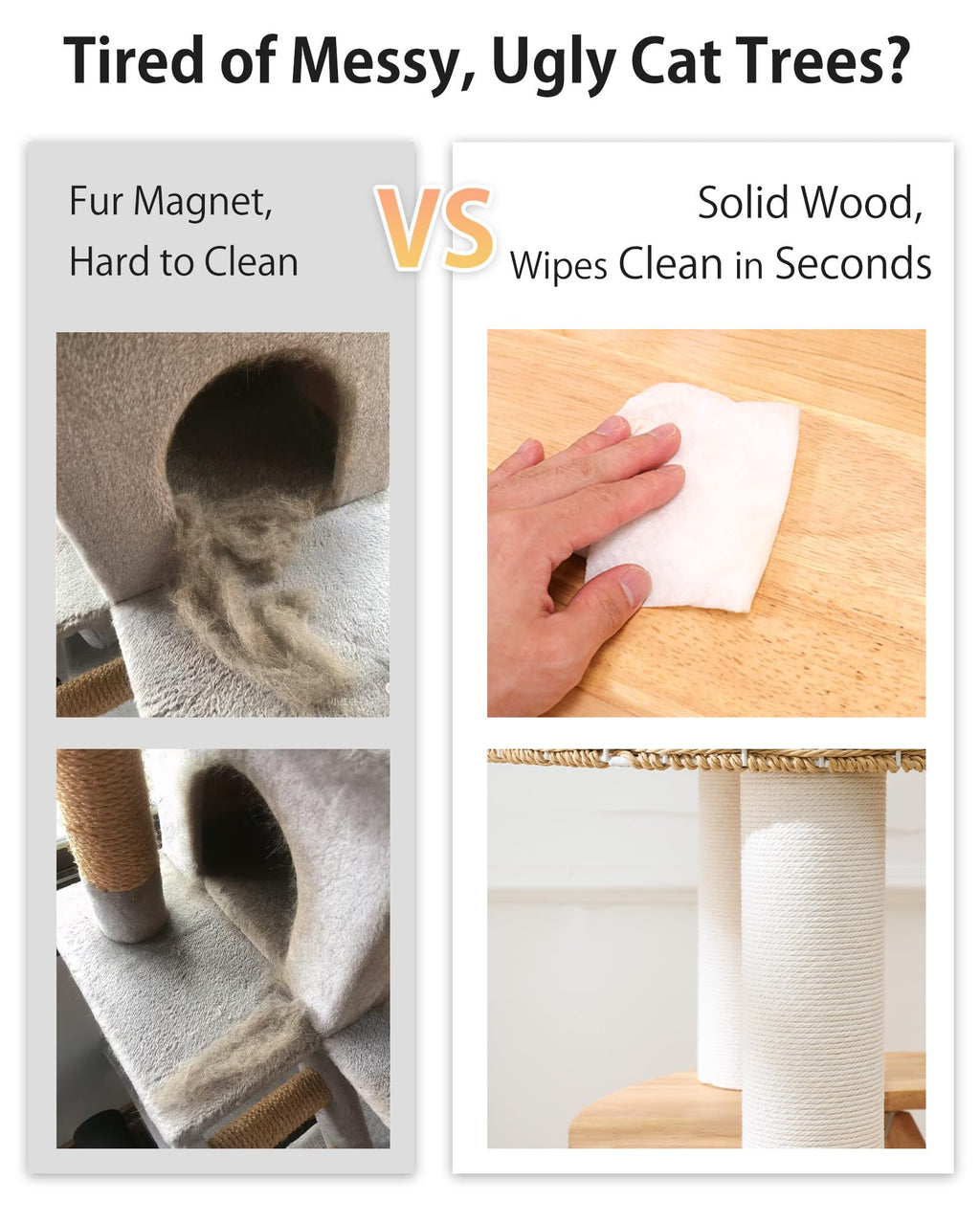 PETTIFUL Wood Cat Tree for Large Cats, Modern Cat Tree Tower with Wide Shelves Cotton Scratching Posts, Super Sturdy Base, Cozy Perches, and Interactive Toys for Indoor Kittens 31-Inch
