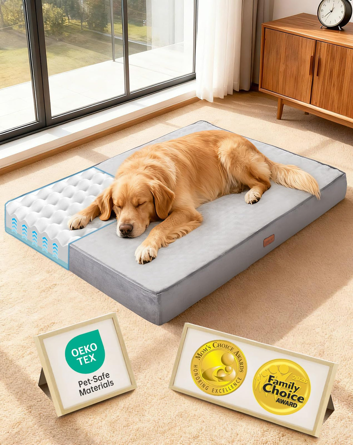 OhGeni Orthopedic Waterproof Large Dog Bed, Memory Foam, 41 inch-XL(Gray)