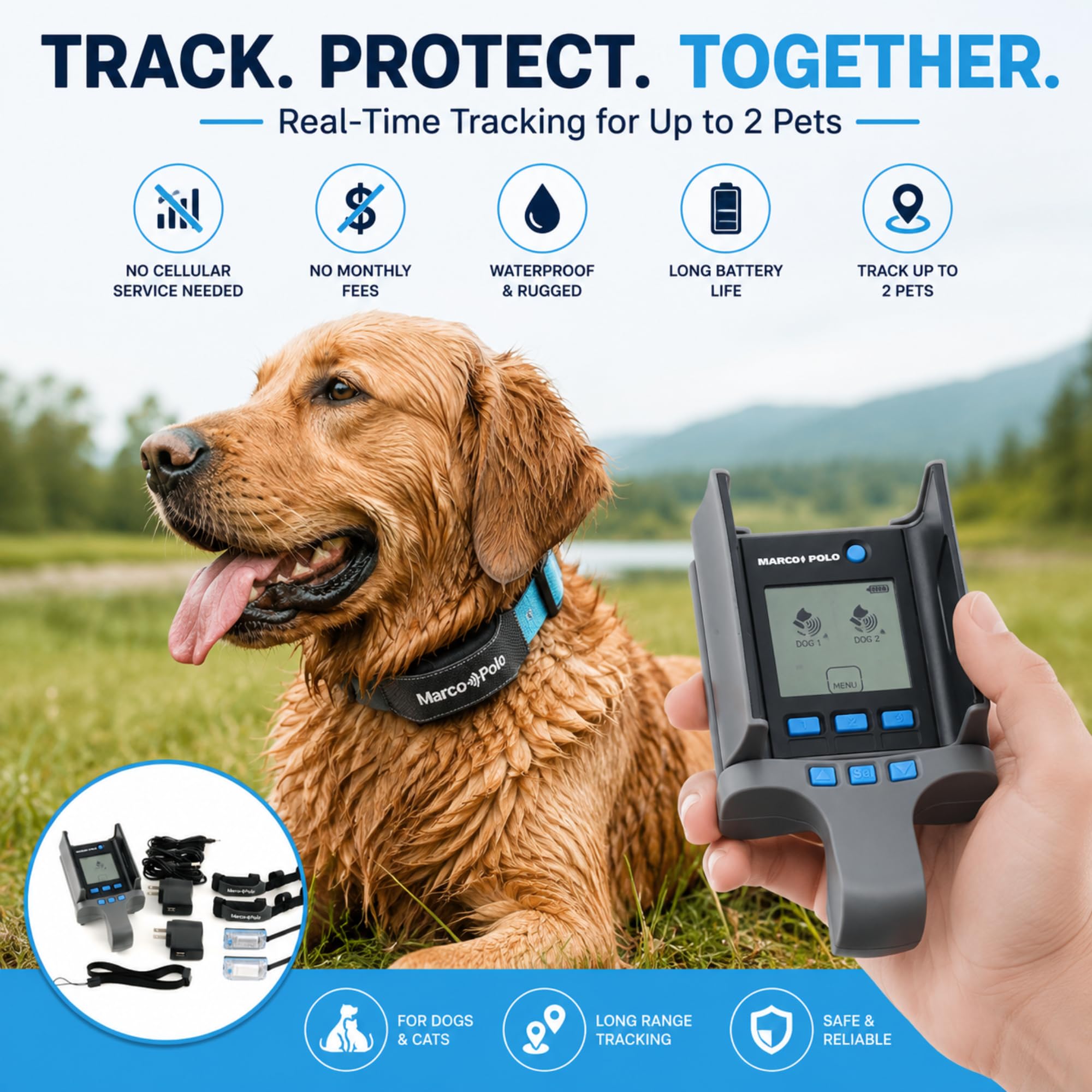 Marco Polo Pet Tracker System for 2 Cats or Dogs - GPS Alternative, No Monthly Fee, Waterproof Long Range RF Finder, Multi-Pet Monitoring Safety Tags