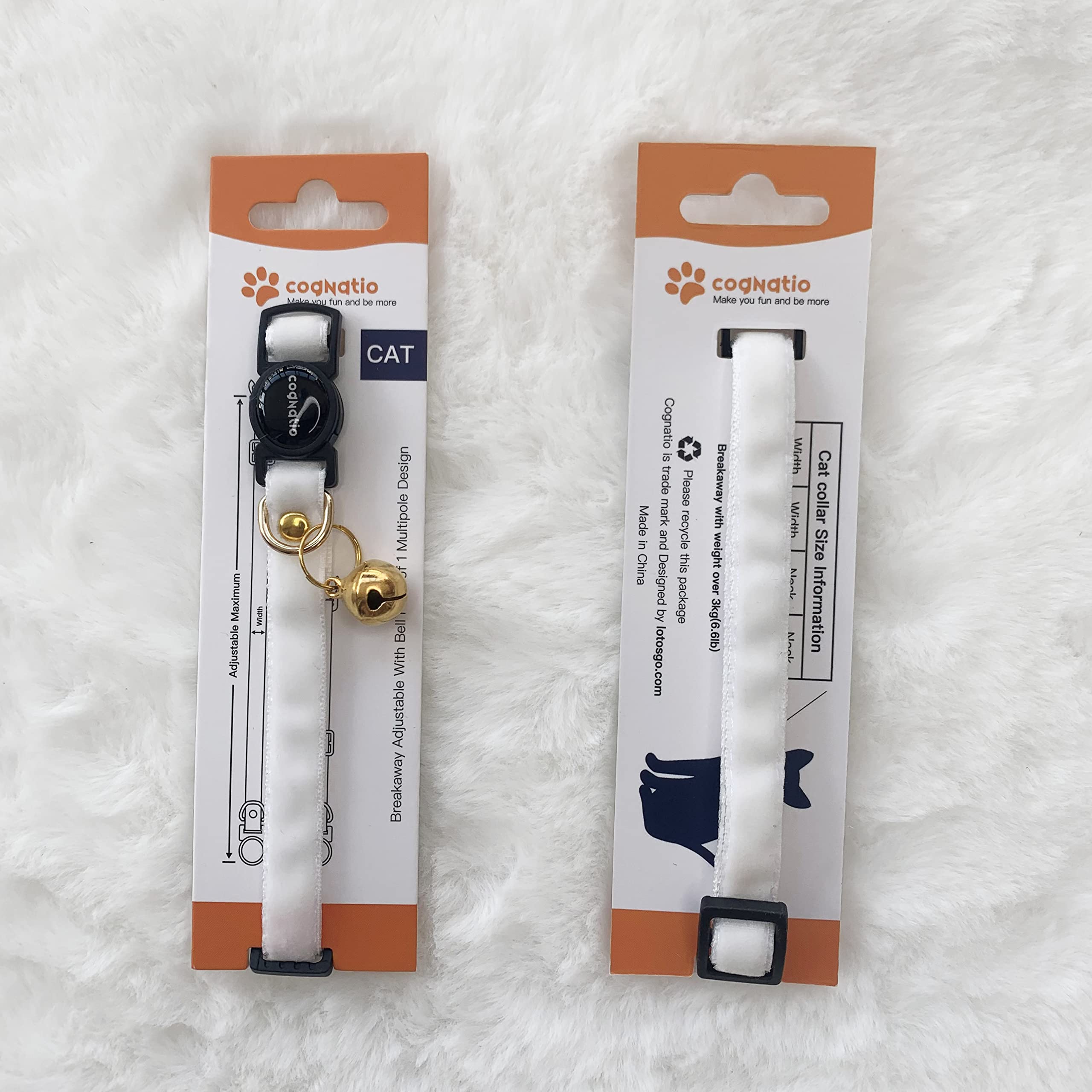 Cognatio Safety Quick Release Cat Collars,Double Velvet with Bell Available in a Range Colors,Perfect for Your Kitty, Adjustable 20-30 cm (20-30cm, White)