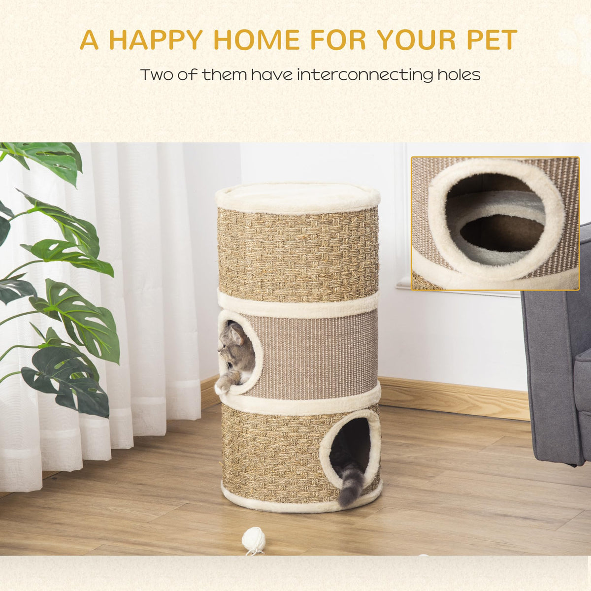 PawHut 28 Inch Cat Condo, 3 Story Cat Hideaway with Sisal Scratching Pad, Barrel Shaped Small Cat Tree for Indoor Cats, Khaki and Brown