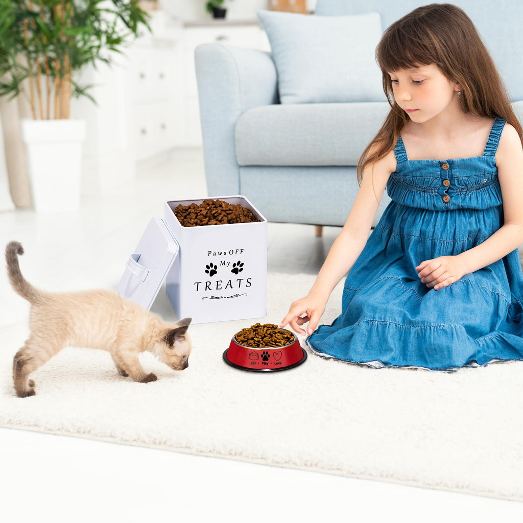 Meraki Home Farmhouse Cat Food and Treats Containers + Feed Scoop + Pet Food Bowl - Tight Lids - Large Metal Storage Bin - Great Gift for Cute Pets (Glossy White)