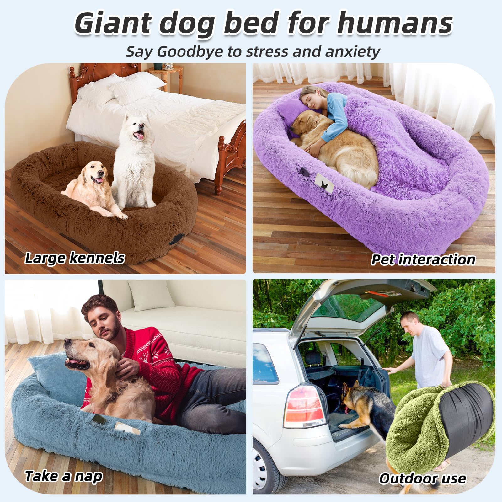 WROS Human Dog Bed, 71"x45"x12" Size Fits You and Pets, Washable Faux Fur Pet Bed for People Doze Off, Napping Orthopedic Dog Bed, Present Plump Pillow, Blanket, Strap - Rainbow