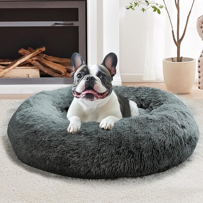 JOLLYVOGUE Calming Dog Bed for Small Dogs - 23 inches Donut Washable Small Dog Bed for Kittens & Puppies, Anti-Slip Round Fluffy Plush Faux Fur Cat Beds (Fits up to 25 lbs Pets, Navy Grey)