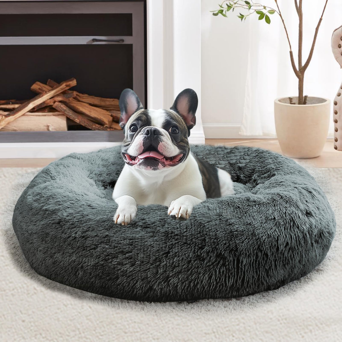 JOLLYVOGUE Calming Dog Bed for Small Dogs - 23 inches Donut Washable Small Dog Bed for Kittens & Puppies, Anti-Slip Round Fluffy Plush Faux Fur Cat Beds (Fits up to 25 lbs Pets, Purple)