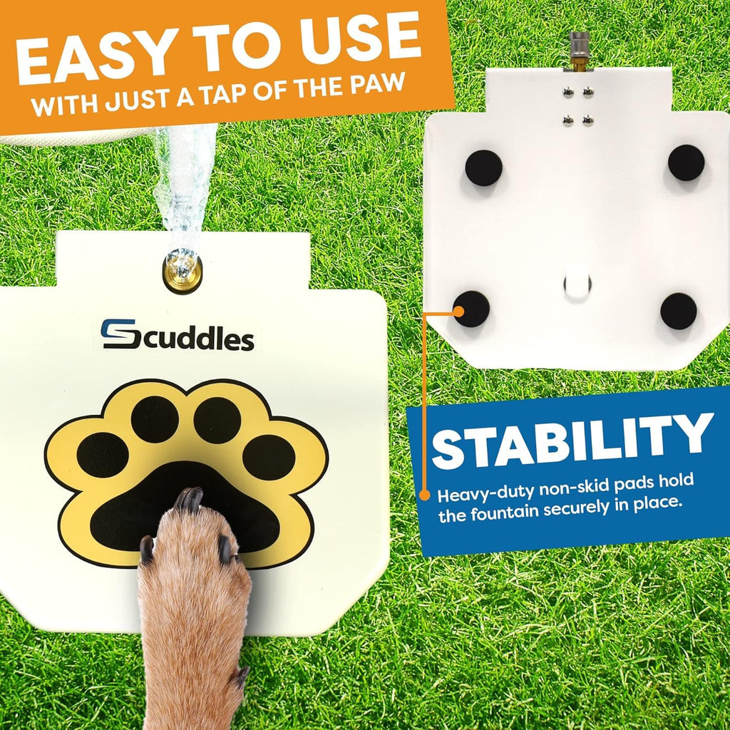 Scuddles Dog Sprinkler, Paw Activated Water Fountain, Outdoor Dog Water Sprinkler with Copper Valve, Easy Step-On Pedal, Perfect For Dogs to Stay Cool and Hydrated, Hose Attachment and Training Guide,
