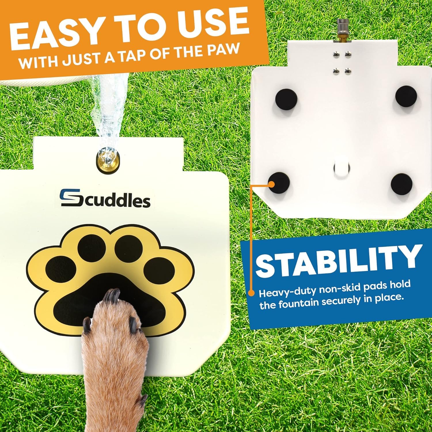Scuddles Dog Sprinkler, Paw Activated Water Fountain, Outdoor Dog Water Sprinkler with Copper Valve, Easy Step-On Pedal, Perfect For Dogs to Stay Cool and Hydrated, Hose Attachment and Training Guide,