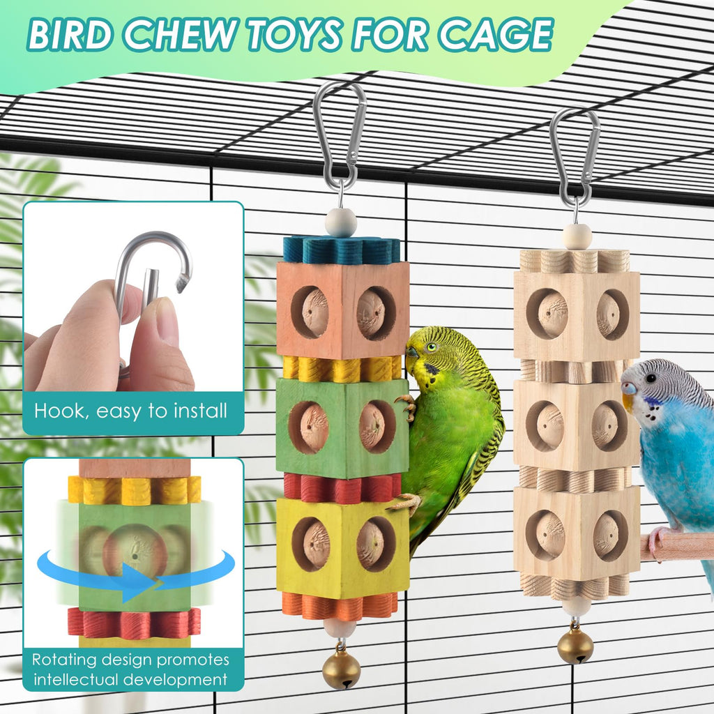 DBNESS 2 PCS Bird Chew Toys, Hanging Wood Parrot Toys with Bell, Beak Grinding & Foraging Bird Cage Toys for Small to Medium Parakeet Conure Cockatiel Caique Budgie