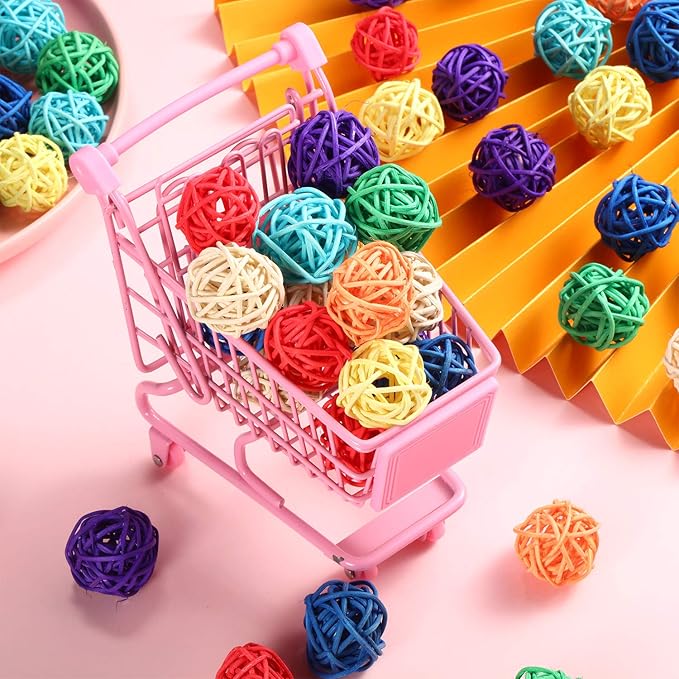Sumind 80 Pieces Parrot Toy 1.2 Inch Wicker Rattan Balls Wooden Blocks Bird Chewing Toys Mini Wood Chips Pet Parrot Cage Accessories for DIY Playing Chewing Shredding Mixed Bird Toys, Random Color