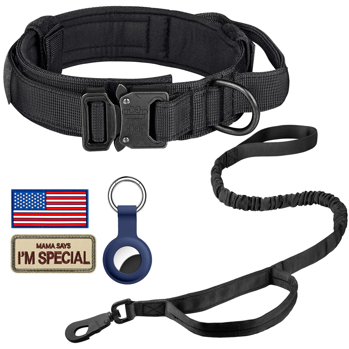 DAGANXI Tactical Dog Collar, Adjustable Military Training Nylon Dog Collar with Control Handle and Heavy Metal Buckle for Medium and Large Dogs, with Patches and Airtags Case (L, Pink)