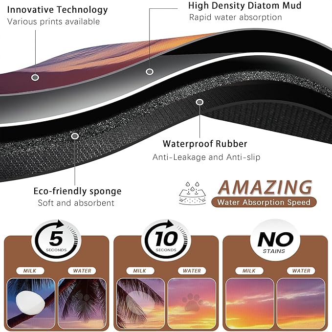 Tropical Palm Pet Feeding Mat,Sunset Trees Sea Beach Absorbent Quick-Dry Cat Dog Food and Water Bowl Mats, Non-Slip Rubber Backing Mat, Cat Dog Accessories Supplies 16"x24"