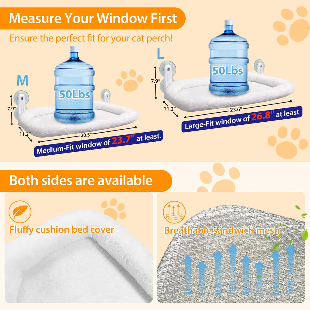 L&W BROS. 2PC Cat Window Perch Cushion Bed Cat Hammock with 4 Updated Suction Cups Easy to Assemble Window Bed for Heavy Large Cats (L White)