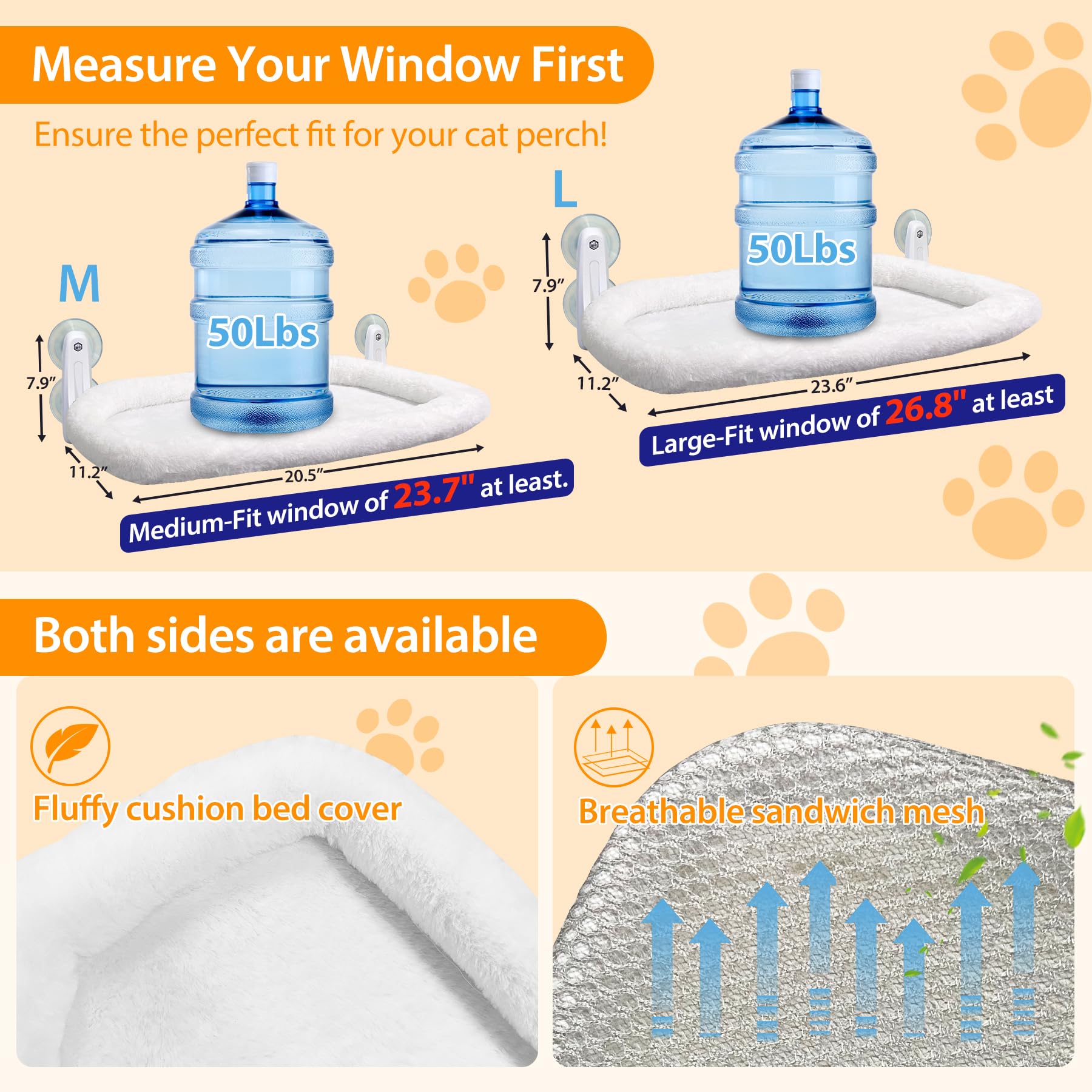L&W BROS. 2PC Cat Window Perch Cushion Bed Cat Hammock with 4 Updated Suction Cups Easy to Assemble Window Bed for Heavy Large Cats (L White)