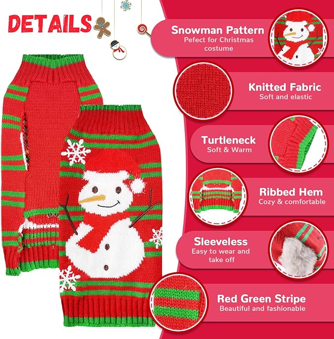 Dog Christmas Sweater Cute Snowman Puppy Cat Costume Boy Girls Xmas Holiday Pet Clothes New Year Outfits Gifts for Small Medium Large Dogs (XL, Red Green Stripe Snowman)