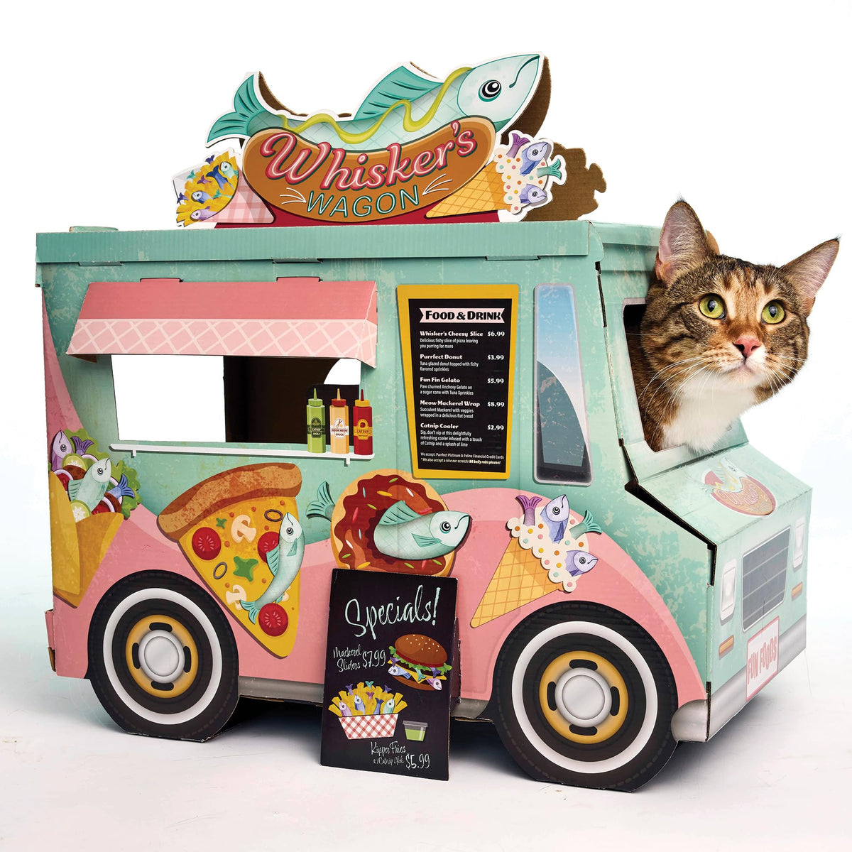 HappyCat Whisker’s Wagon Cat Scratcher House - Vintage Cardboard Cat Playhouse with Scratch Panels & Spacious Hideaway. Cute Pet Toys - Durable Activity Center for Indoor Cats