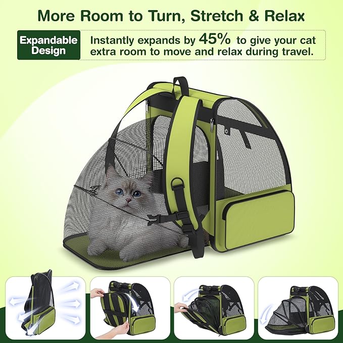 Cat Backpack Carrier for Travel Hiking: Expandable Foldable Breathable Mesh Soft Sided Ergonomic Design Small Dog Puppy Kitty up to 15lbs Camping Outdoor Green