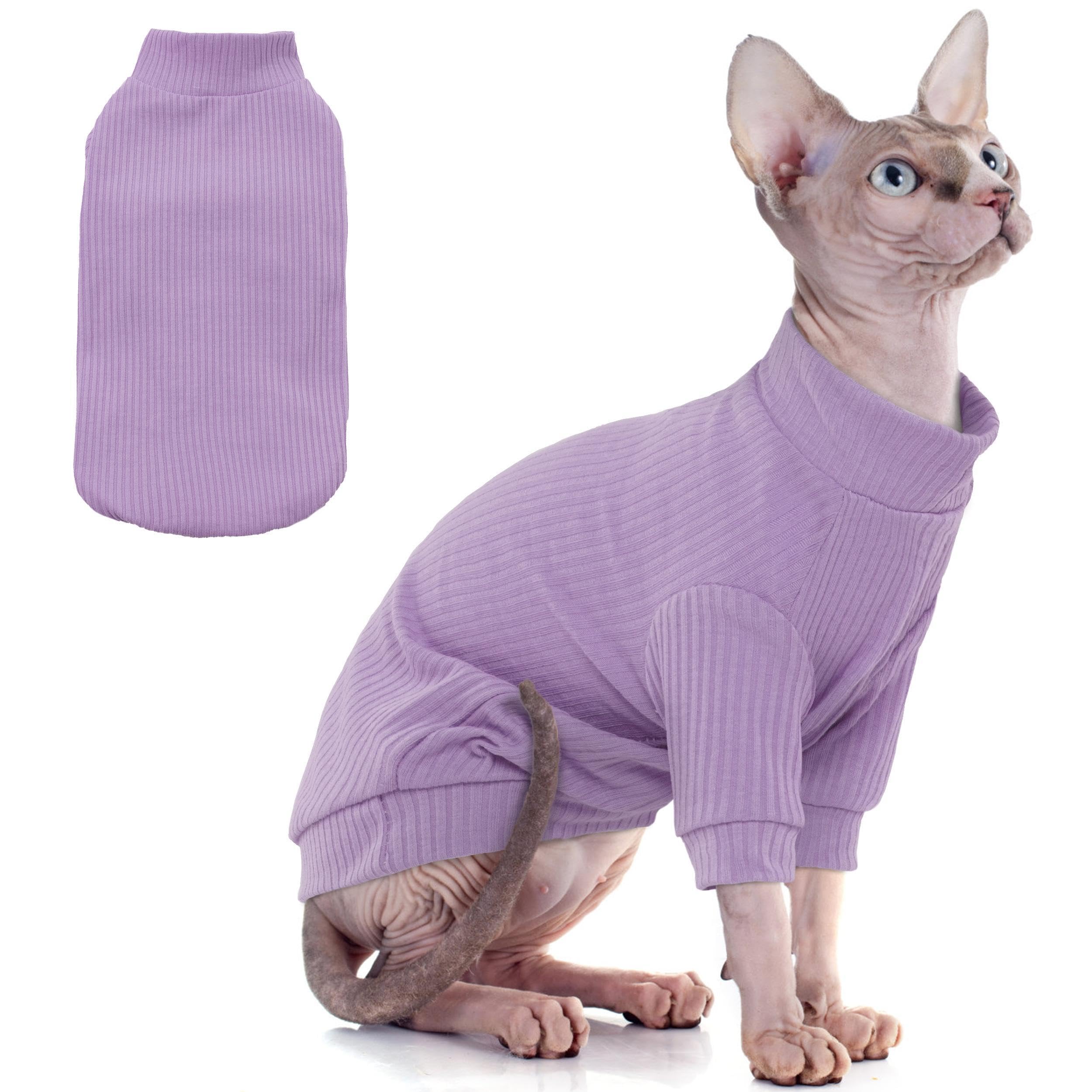 PUMYPOREITY Cat Clothes: Stretchy Cat Shirt & Sweater with Sleeves for Sphynx, Devon Rex & More - Purple