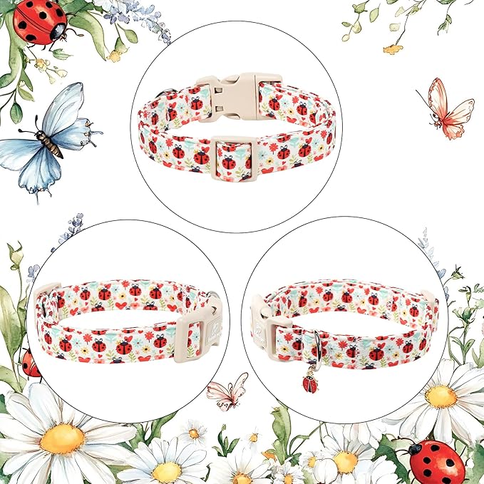 Babole Pet Ladybug Dog Collar for Large Dogs - Cute Spring/Summer Dog Collar, Lightweight Adjustable Cartoon Love Bug Garden Mom Dogs Collars with Quick Release Buckle L