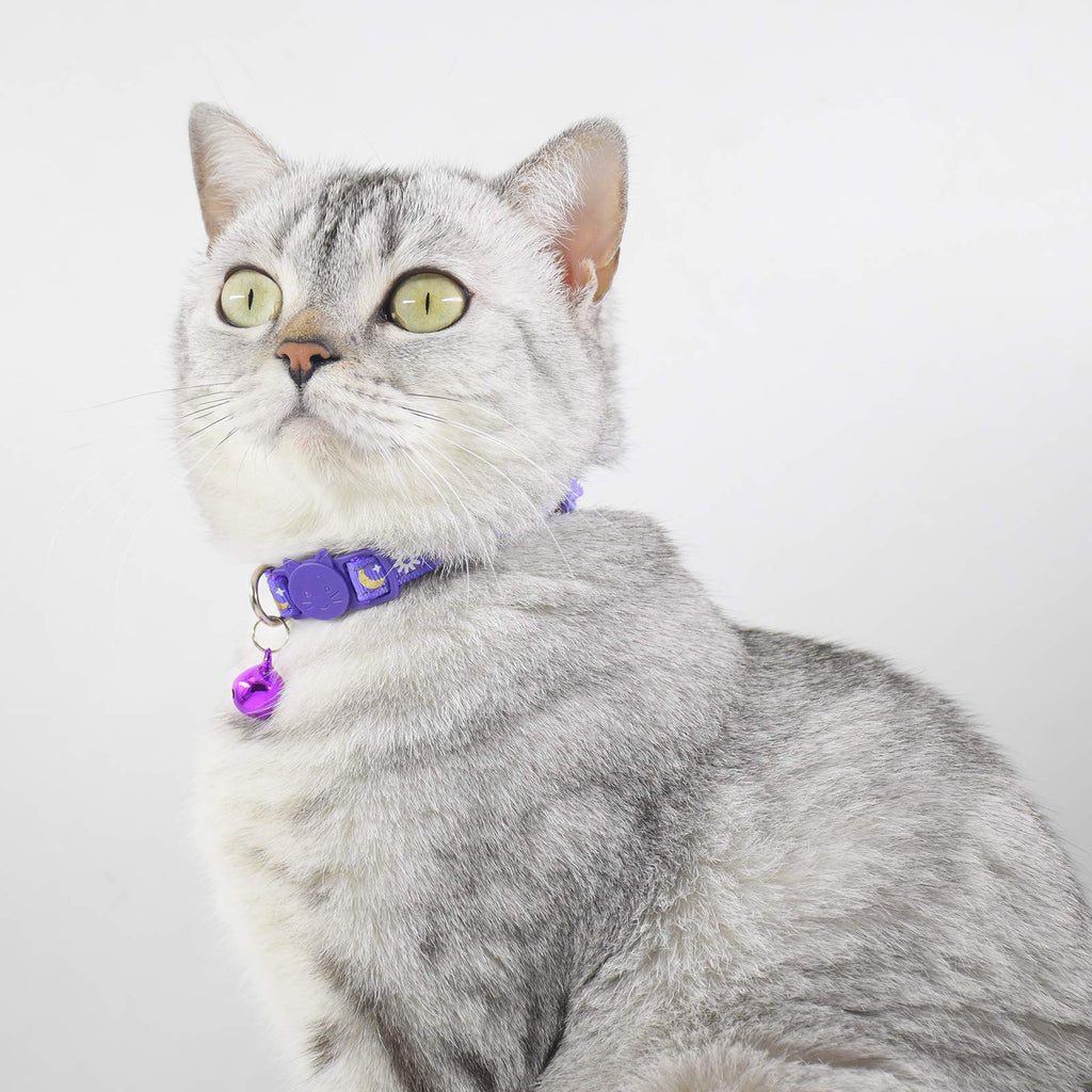 3 PCS Breakaway Cat Collar with Bell, Moon Cat Collar Adjustable Cute Kitten Collars Soft for Cat Puppy 7-10.2in (Blue Green Purple)